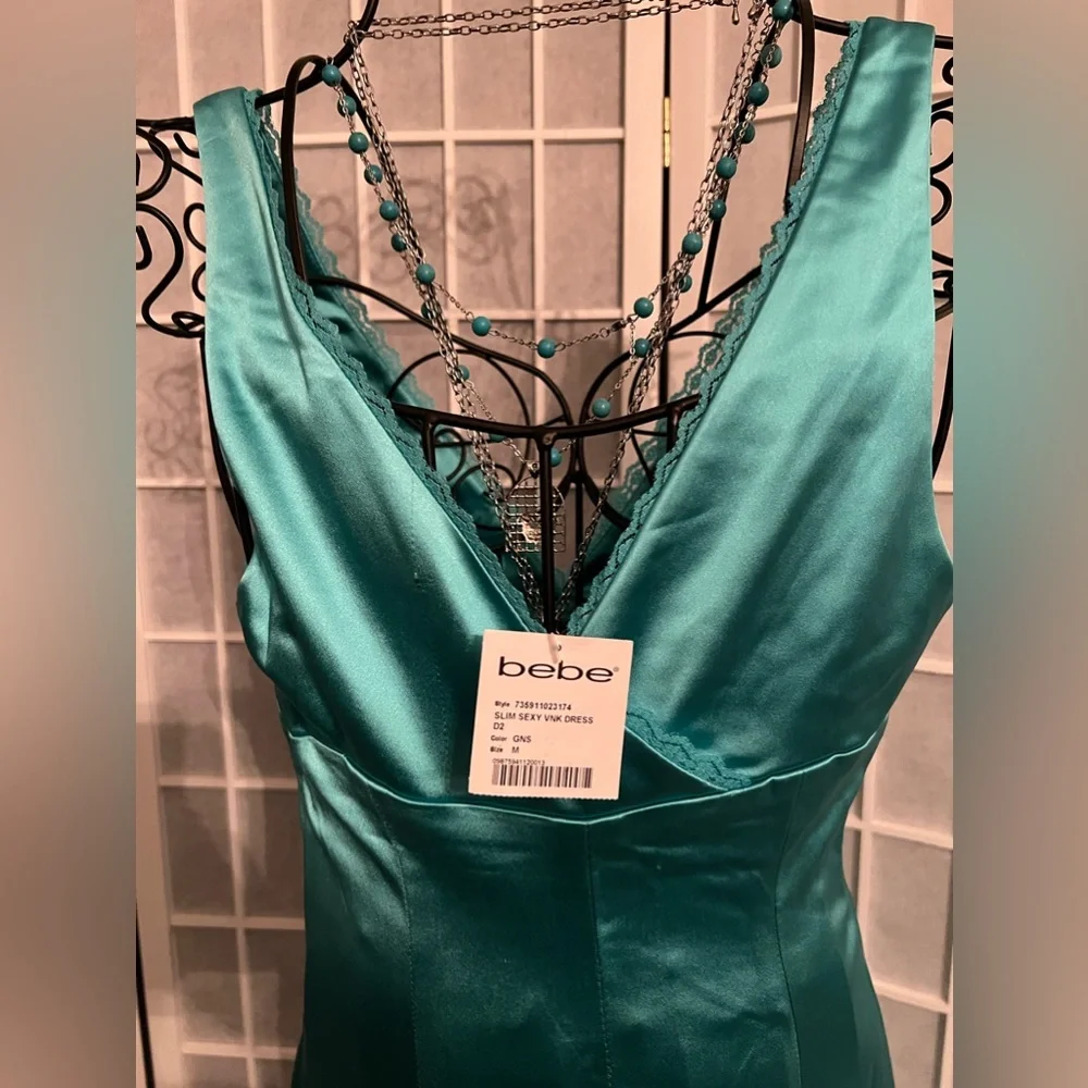 BEBE Slim Sexy V Neck Satin Midi Dress NWT - Picture 9 of 11
